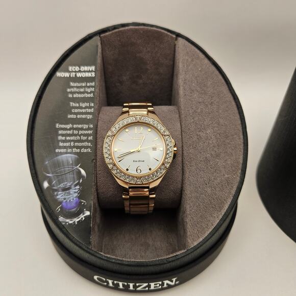 CITIZEN FE1163-56A SILHOUETTE WOMEN'S ECO DRIVE SWAROVSKI CRYSTAL GOLDTONE WATCH - Picture 2 of 7
